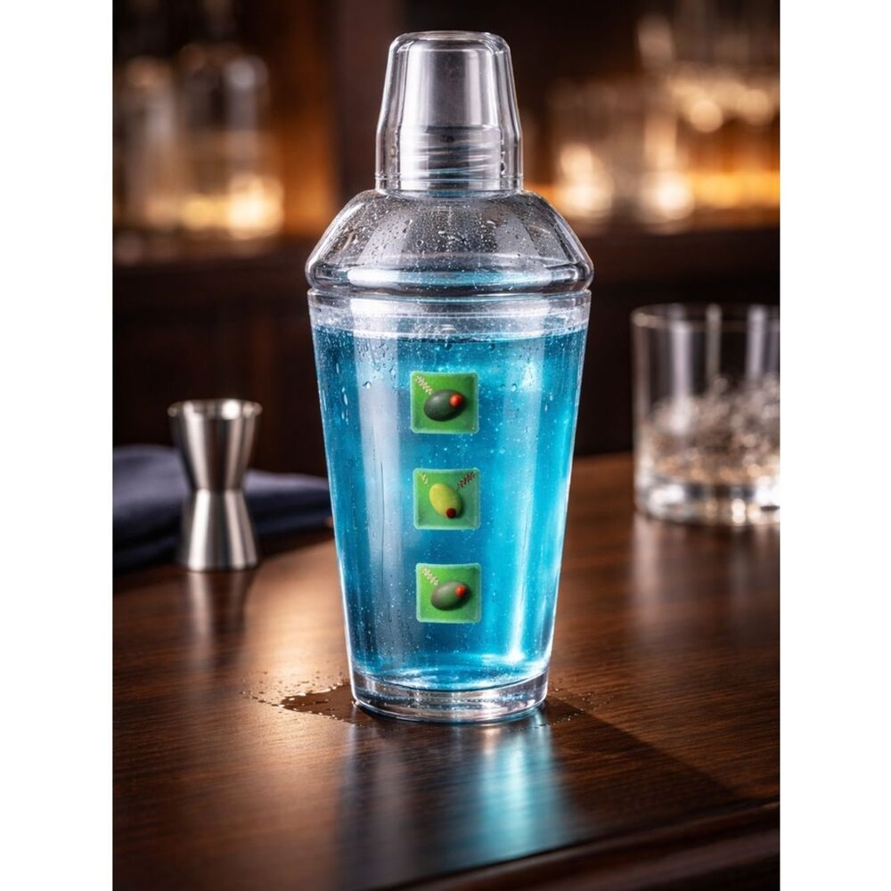 EUC Martini Shaker - Clear Glass with Olive Design - Mix Drink Mixer/Shaker